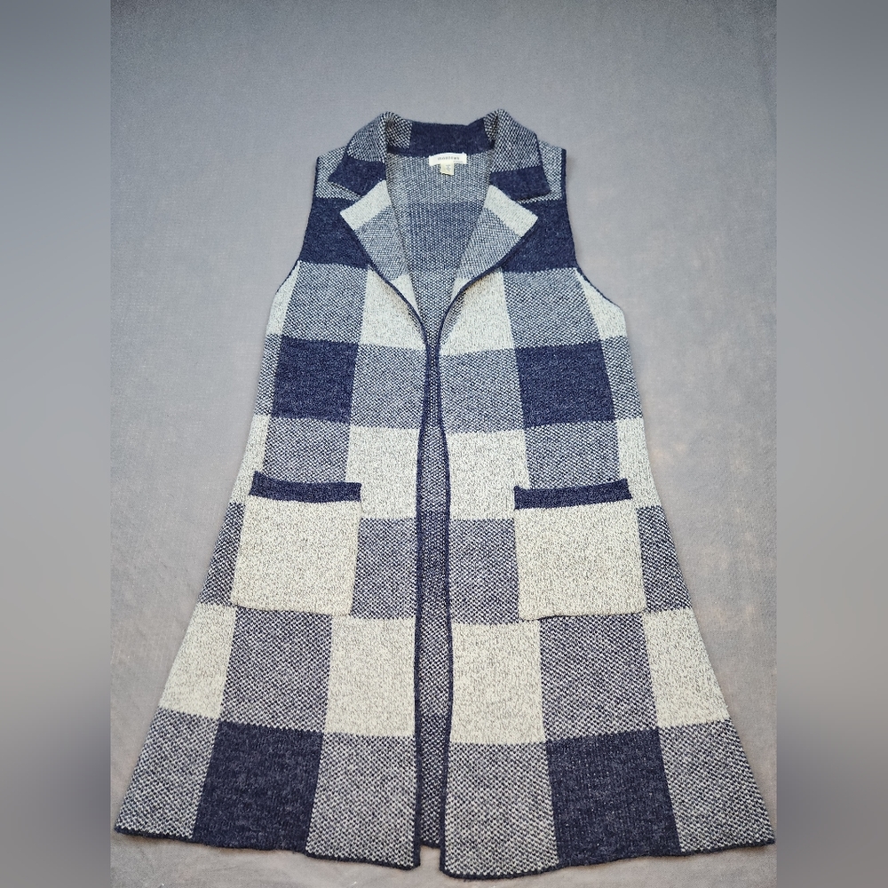 Monteau Women Sleeveless Open Front Long Cardigan Blue Plaid Medium